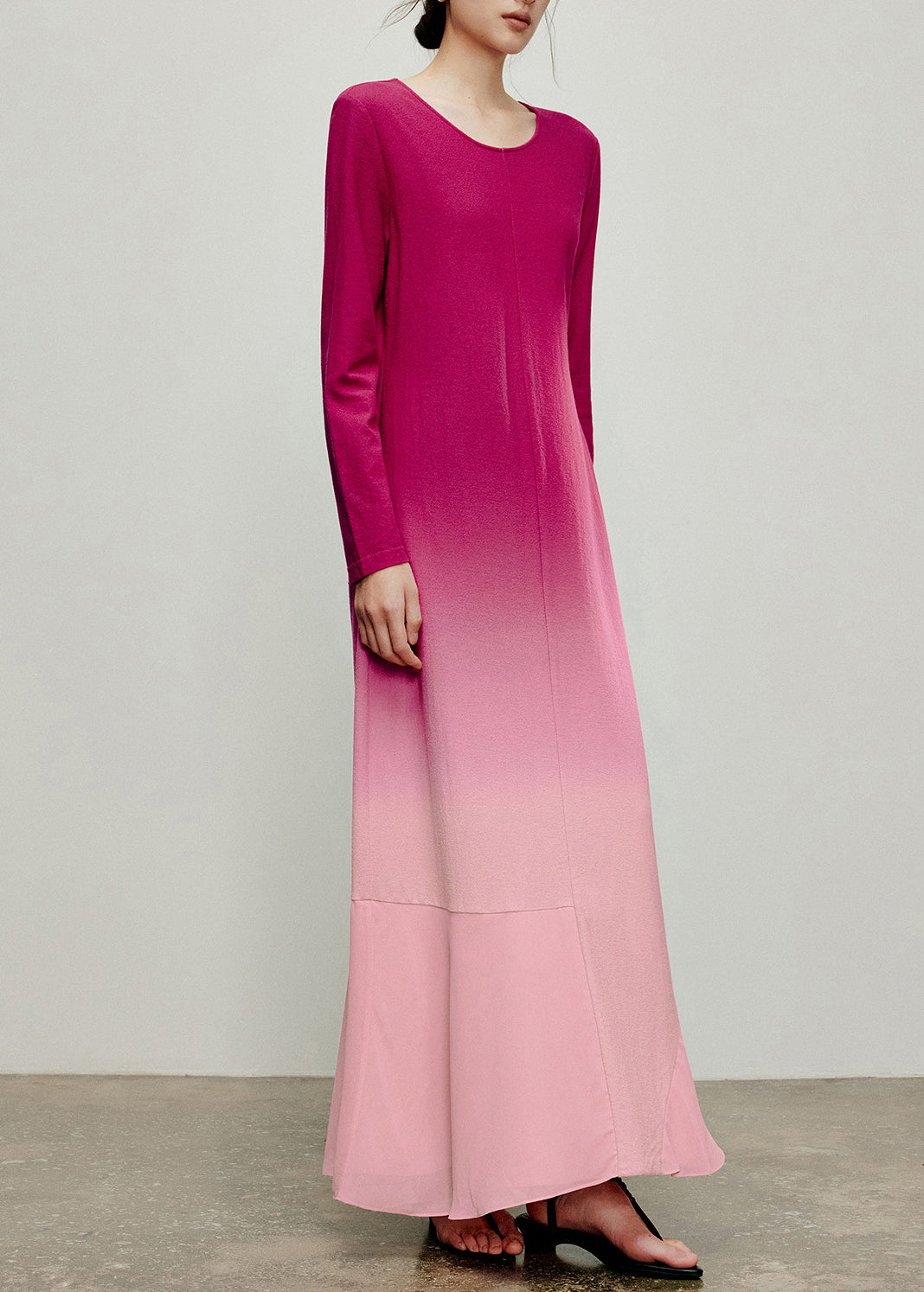Unique Rose Pink Gradient O-Neck Patchwork Maxi Dress Long Sleeve
