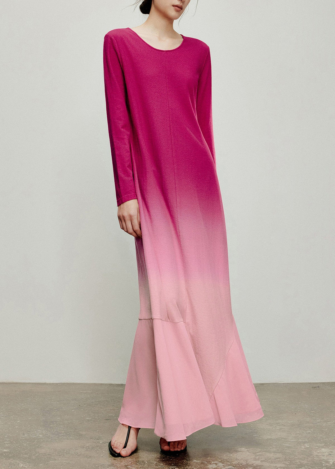 Unique Rose Pink Gradient O-Neck Patchwork Maxi Dress Long Sleeve