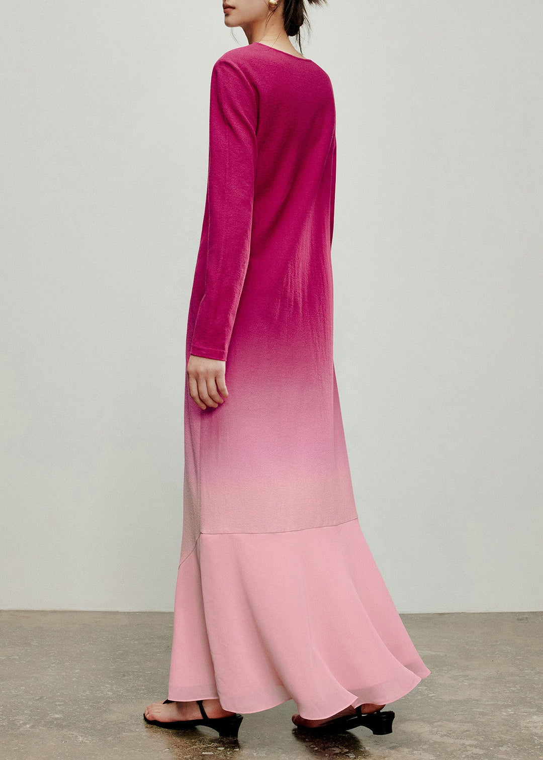 Unique Rose Pink Gradient O-Neck Patchwork Maxi Dress Long Sleeve