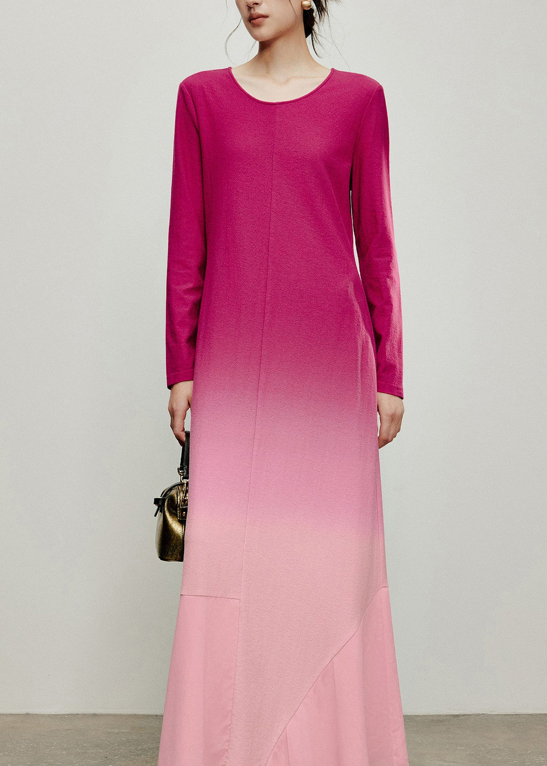 Unique Rose Pink Gradient O-Neck Patchwork Maxi Dress Long Sleeve