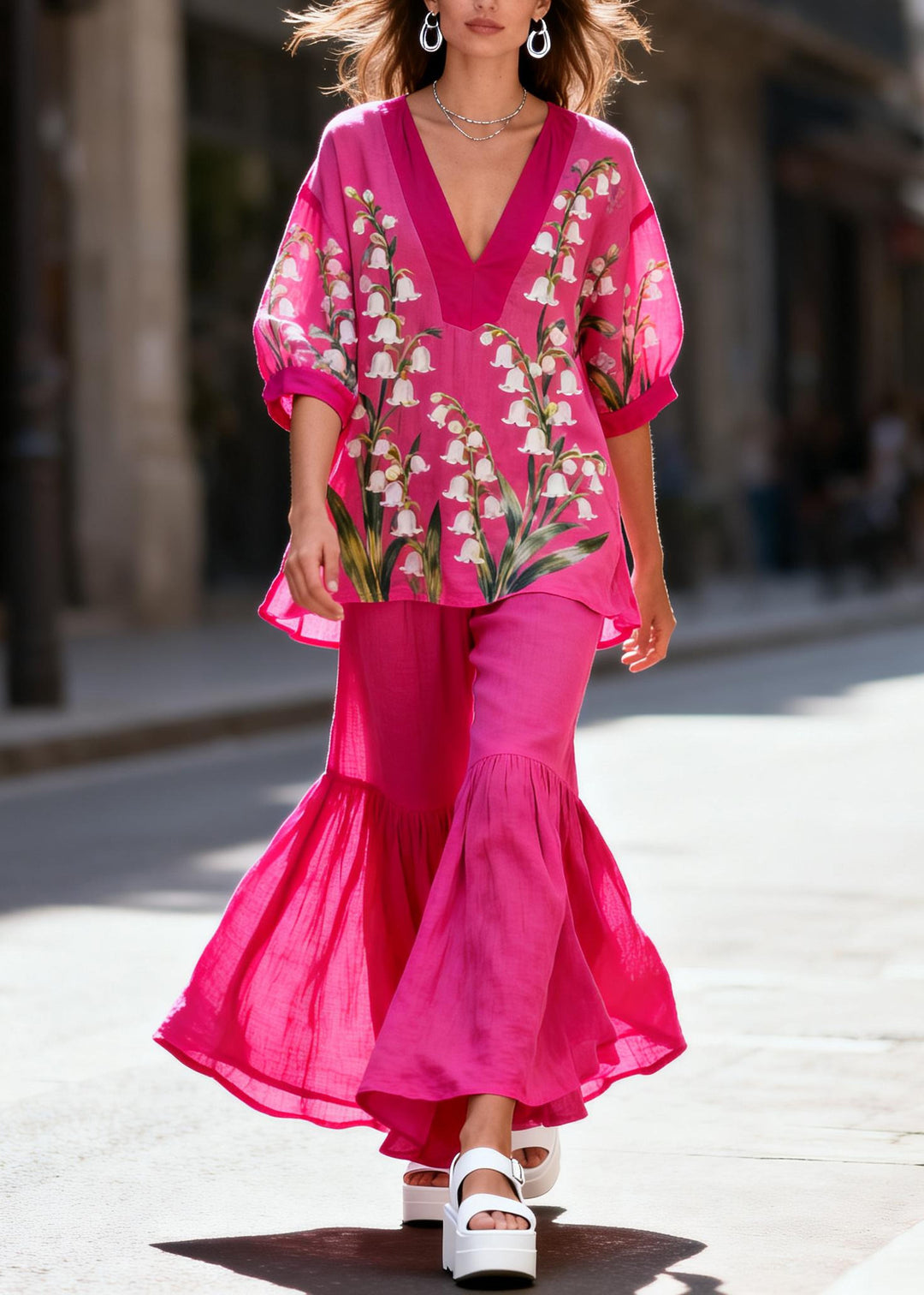 Unique Rose Print Cotton Tops And Bell-bottom Trousers Women Sets 2 Pieces Summer