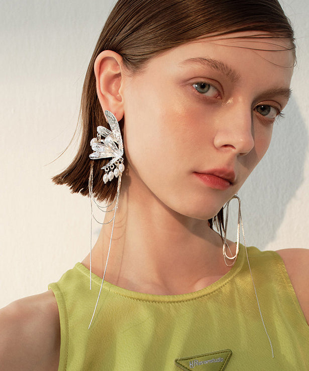 Unique Silk Asymmetric Butterfly Tassels Exaggeration Silver Plated Drop Earrings