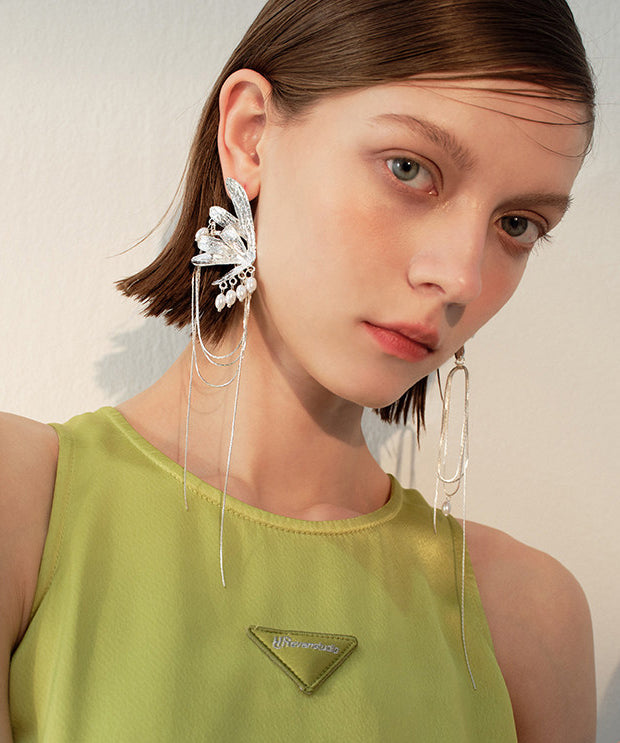 Unique Silk Asymmetric Butterfly Tassels Exaggeration Silver Plated Drop Earrings