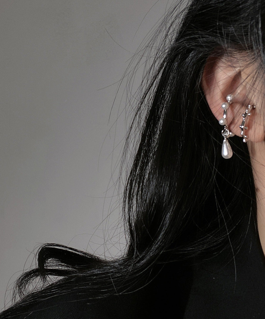 Unique Silk Copper Asymmetrical Water Drop Pearl Hoop Earrings