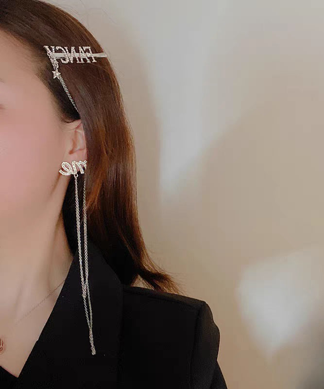 Unique Silk Copper Graphic Chain Tassel Stud Earrings Hairpin