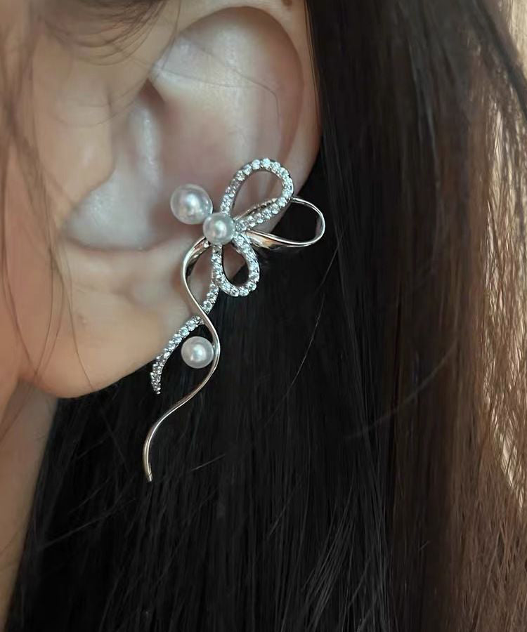 Unique Silk Metal Zircon Pearl Bow Ribbon Stud Earrings