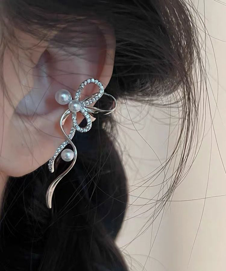 Unique Silk Metal Zircon Pearl Bow Ribbon Stud Earrings