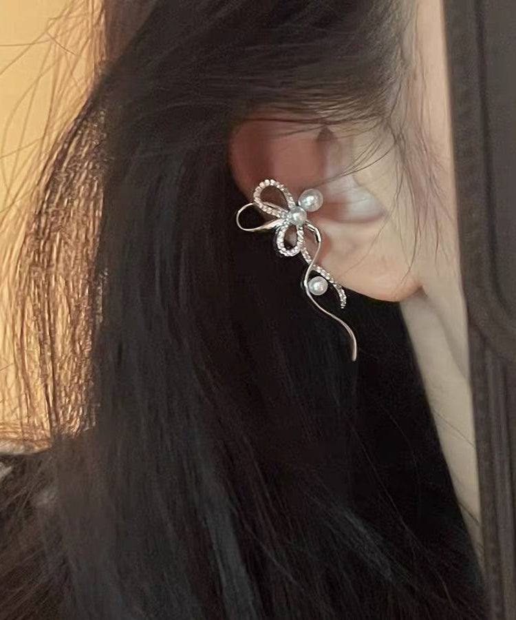 Unique Silk Metal Zircon Pearl Bow Ribbon Stud Earrings