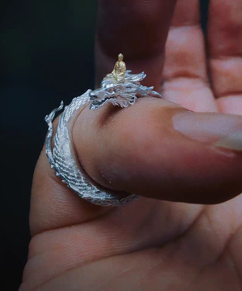Unique Silk Panlong Meets Buddha Design Silver Rings - Omychic