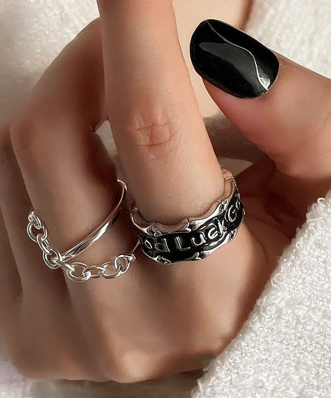 Unique Silk Sterling Silver Graphic Patchwork Rings Two-Piece Set