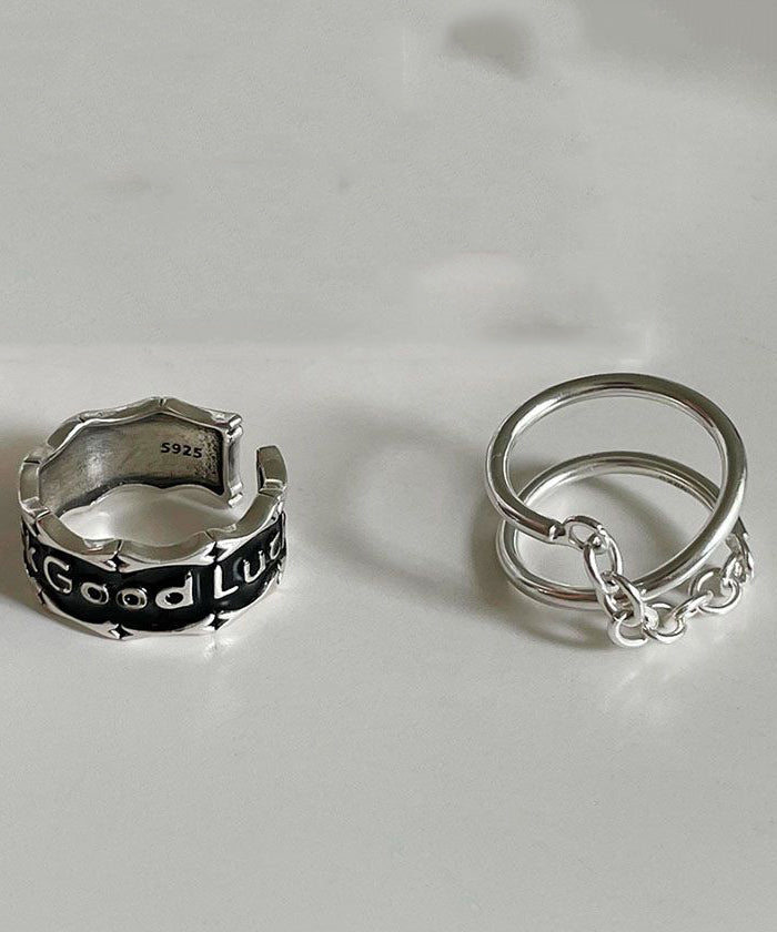 Unique Silk Sterling Silver Graphic Patchwork Rings Two-Piece Set