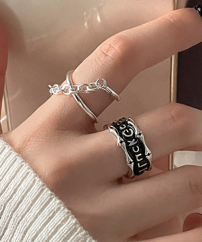 Unique Silk Sterling Silver Graphic Patchwork Rings Two-Piece Set