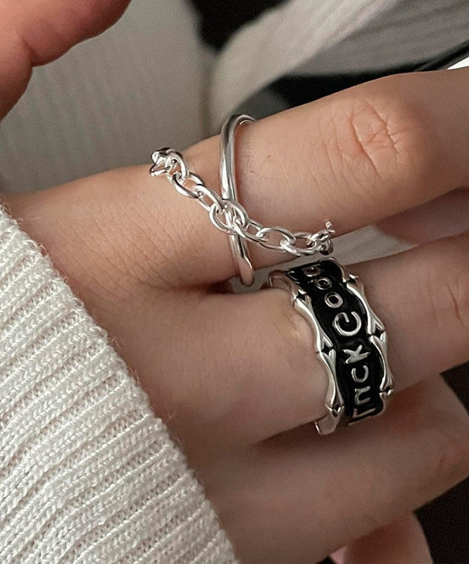 Unique Silk Sterling Silver Graphic Patchwork Rings Two-Piece Set