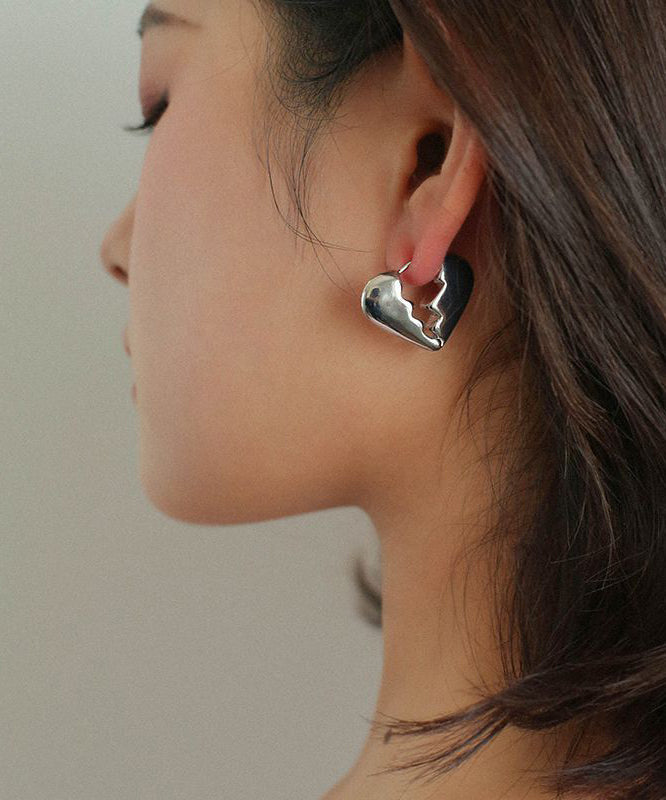 Unique Silk Sterling Silver Heart Shape Hollowed Out Stud Earrings