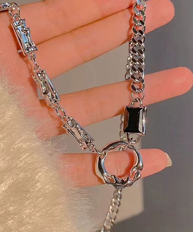 Unique Silk Sterling Silver Obsidian Asymmetrical Patchwork Lariat Necklace