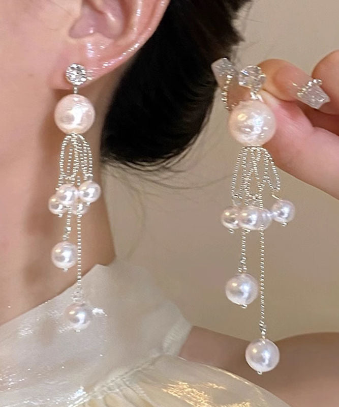 Unique Silk Sterling Silver Pearl Tassel Drop Earrings