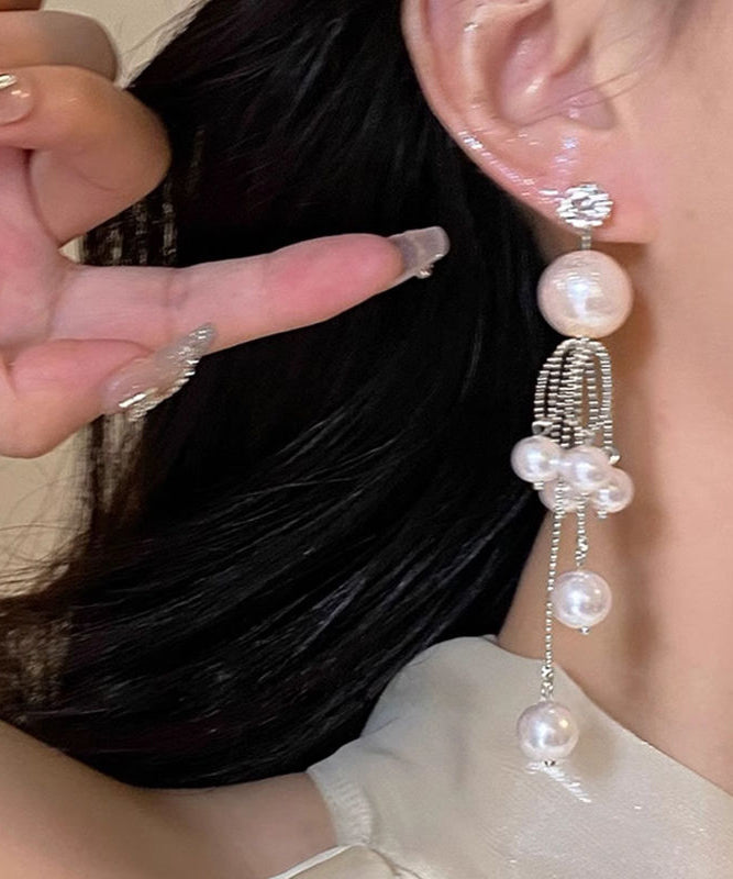 Unique Silk Sterling Silver Pearl Tassel Drop Earrings