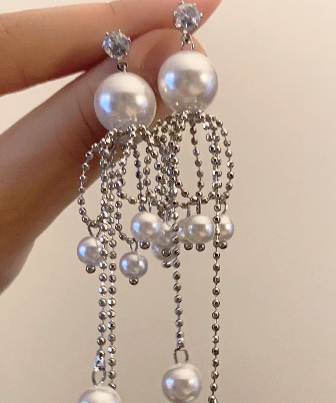 Unique Silk Sterling Silver Pearl Tassel Drop Earrings