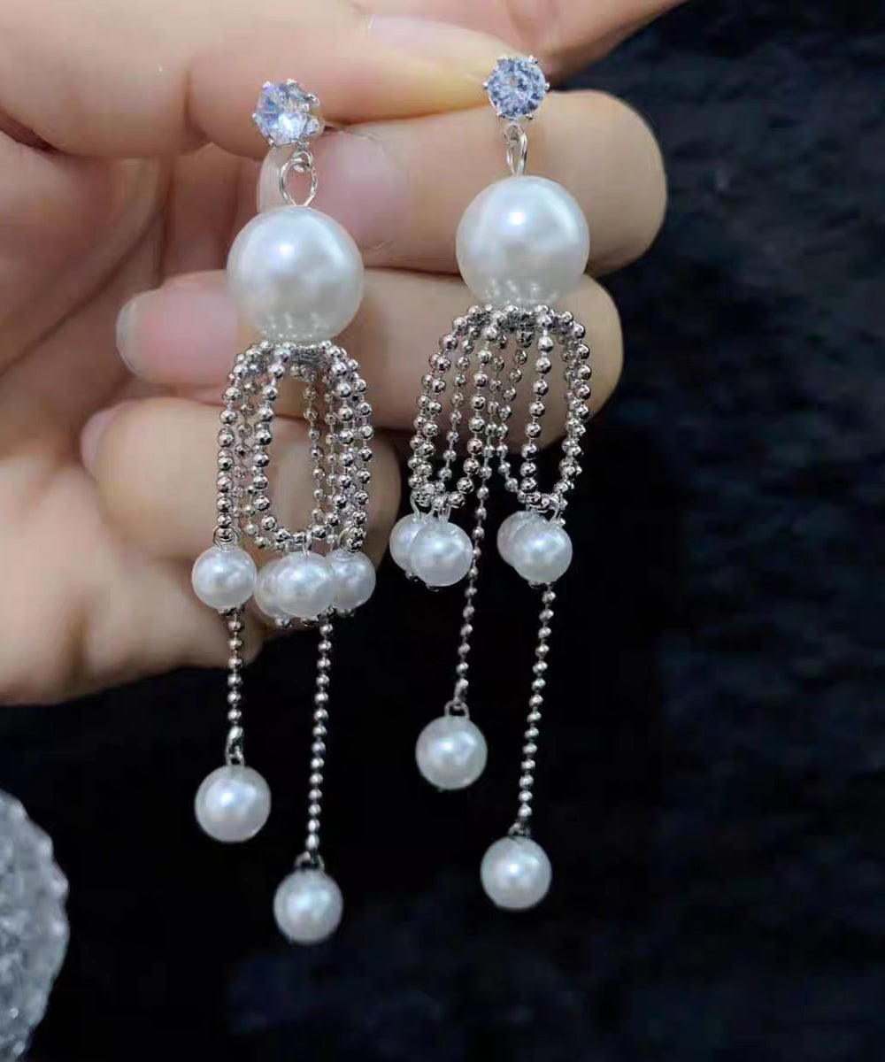 Unique Silk Sterling Silver Pearl Tassel Drop Earrings