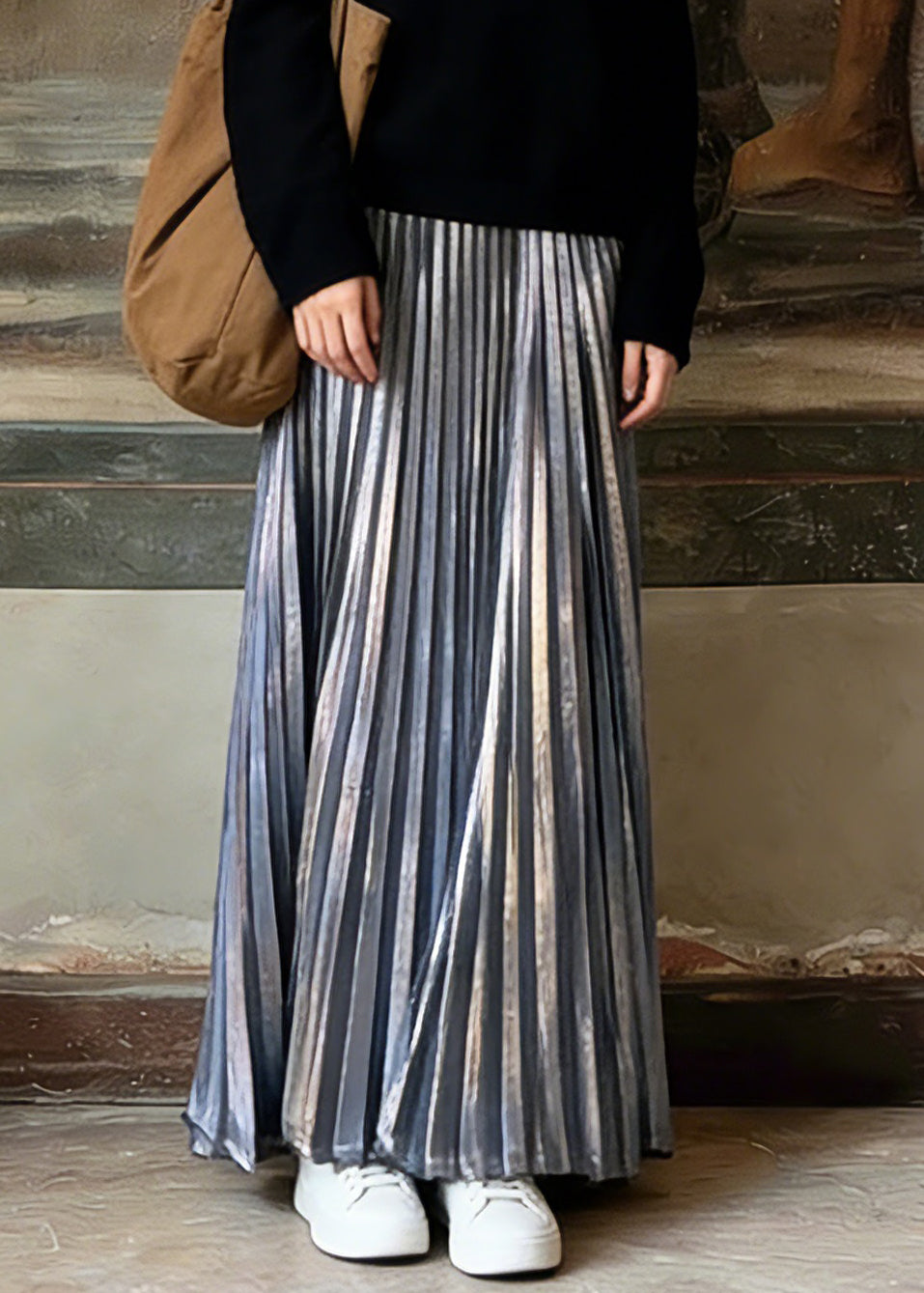Unique Silver Elastic Waist Maxi Pleated Skirts Spring - Omychic
