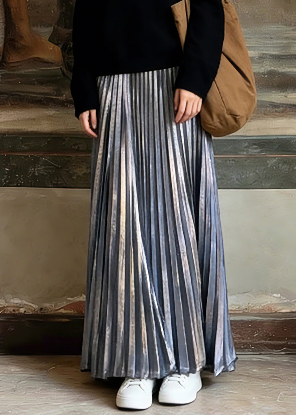 Unique Silver Elastic Waist Maxi Pleated Skirts Spring - Omychic