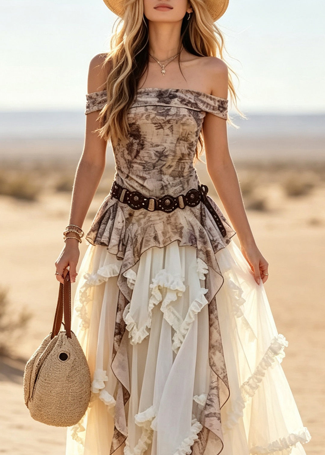 Unique Slash Neck Ruffled T Shirt And A Line Skirts Two Pieces Set Summer