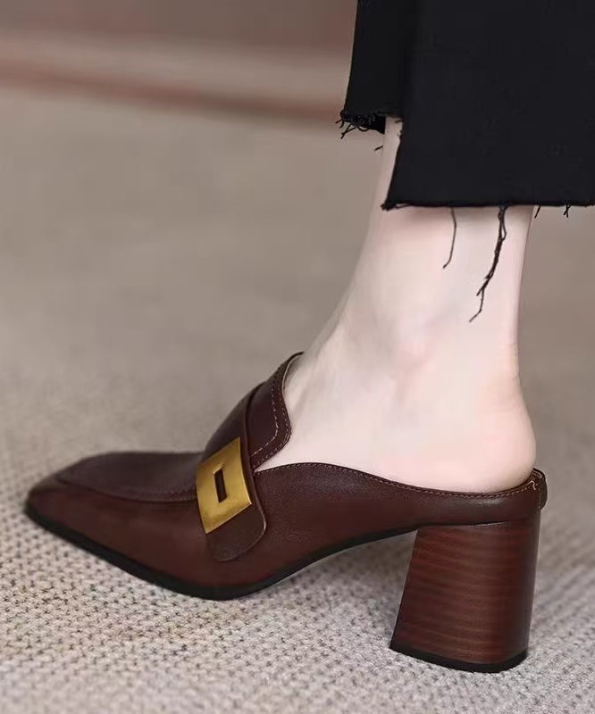 Unique Splicing Chunky Brown Cowhide Leather Slide Sandals