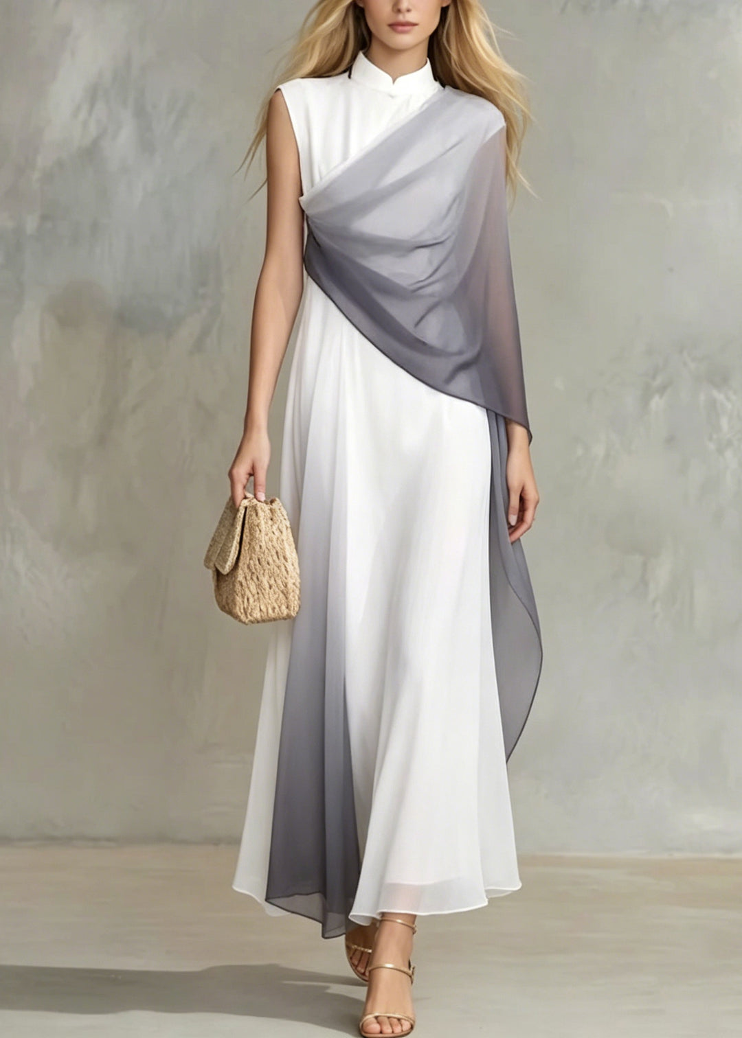 Unique Stand Collar Patchwork Chiffon Long Dress Summer
