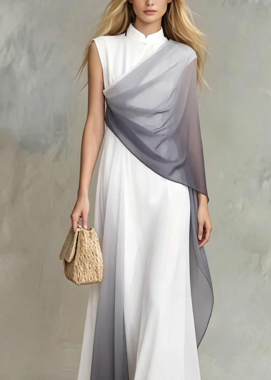 Unique Stand Collar Patchwork Chiffon Long Dress Summer
