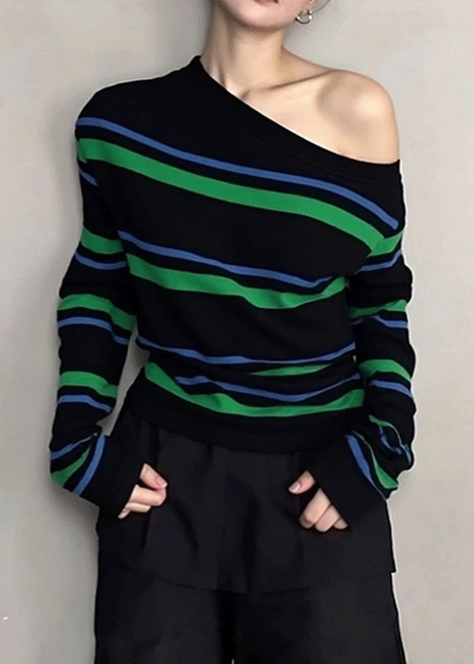 Unique Striped Cold Shoulder Patchwork Knit Short Sweater Fall