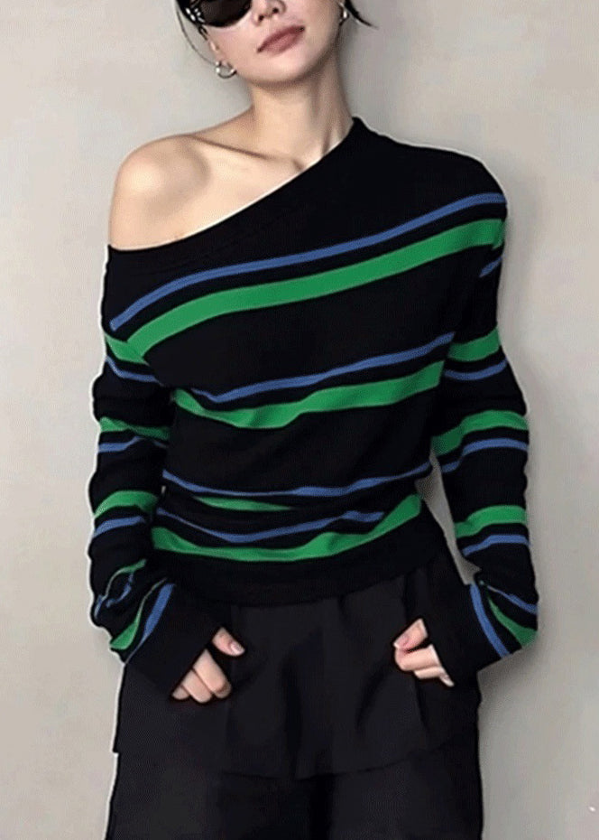 Unique Striped Cold Shoulder Patchwork Knit Short Sweater Fall