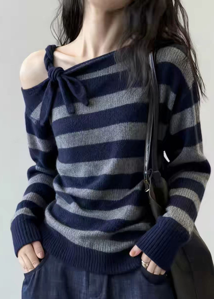 Unique Striped Patchwork Cold Shoulder Cotton Knit Sweater Spring