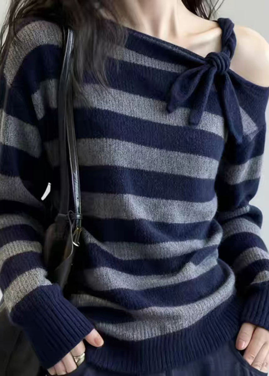 Unique Striped Patchwork Cold Shoulder Cotton Knit Sweater Spring