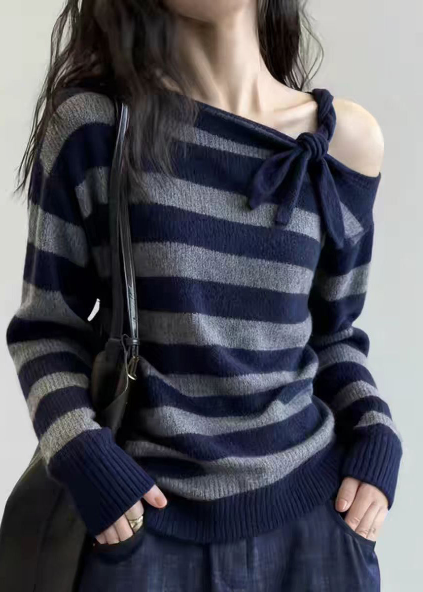 Unique Striped Patchwork Cold Shoulder Cotton Knit Sweater Spring