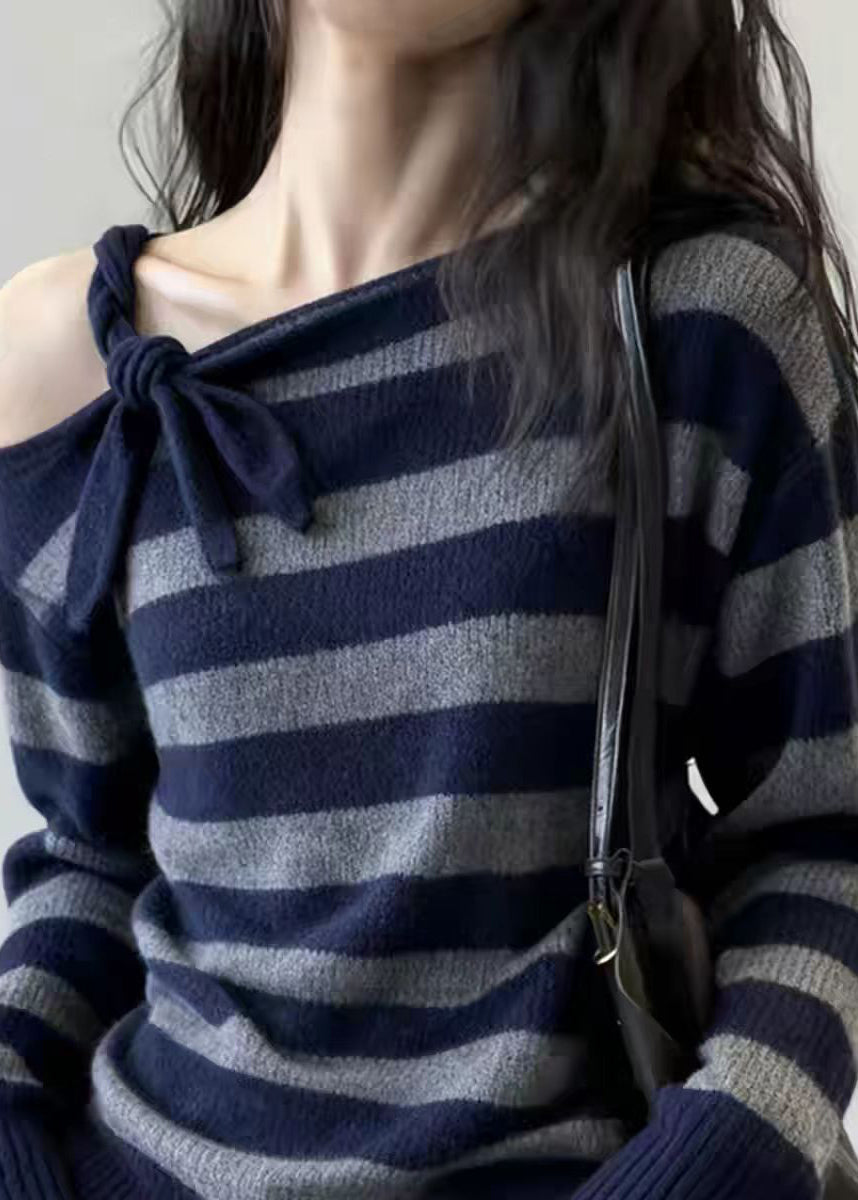 Unique Striped Patchwork Cold Shoulder Cotton Knit Sweater Spring