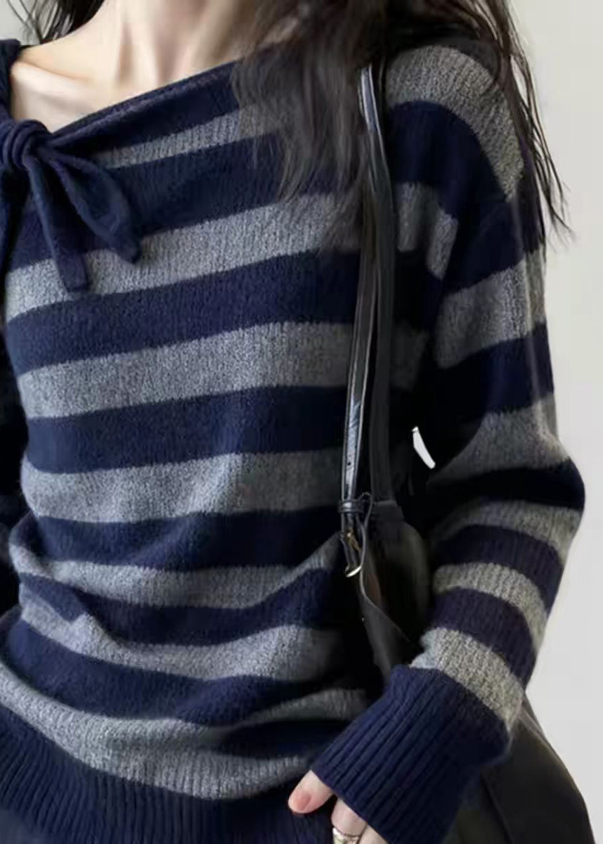 Unique Striped Patchwork Cold Shoulder Cotton Knit Sweater Spring