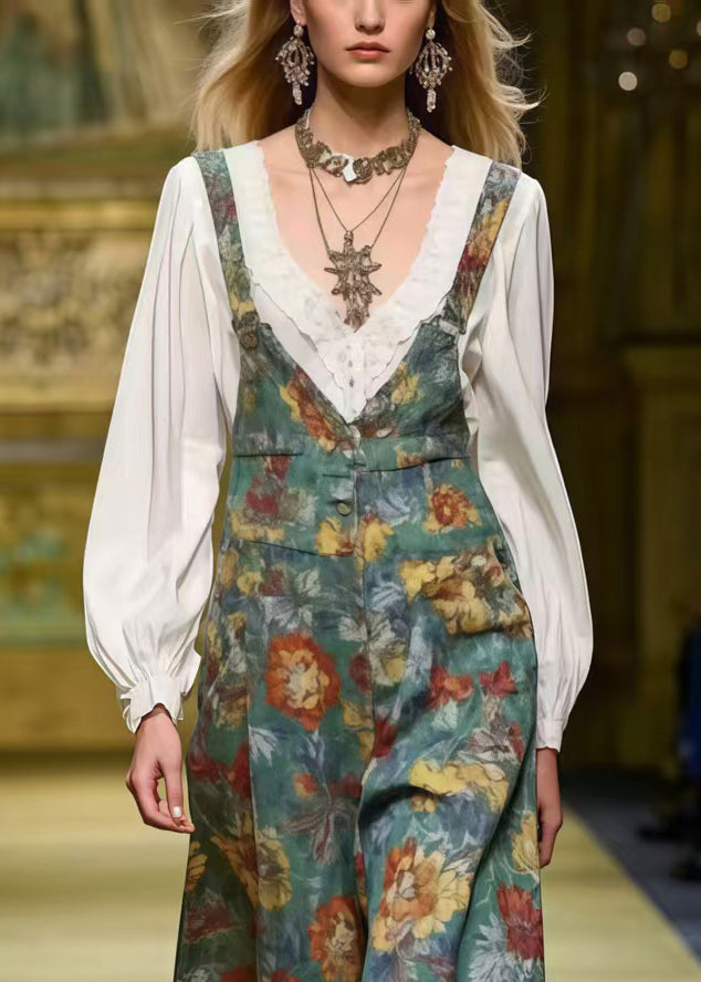 Unique Tea Green Oversized Floral Print Cotton Jumpsuit Spring