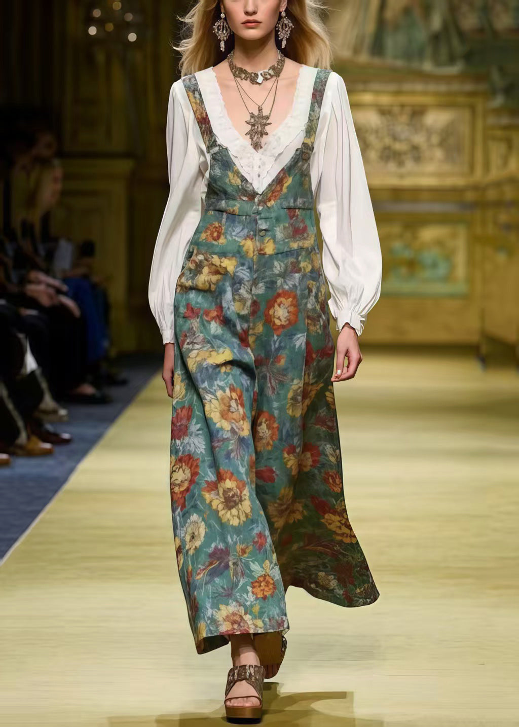 Unique Tea Green Oversized Floral Print Cotton Jumpsuit Spring