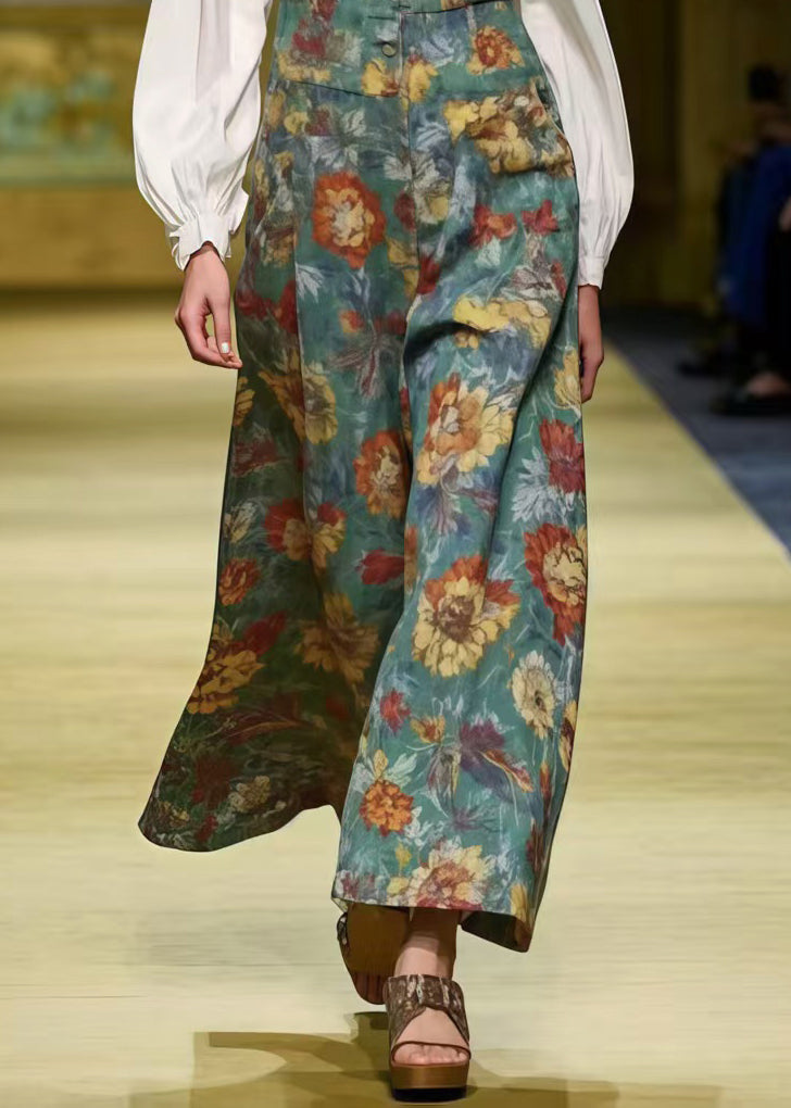 Unique Tea Green Oversized Floral Print Cotton Jumpsuit Spring