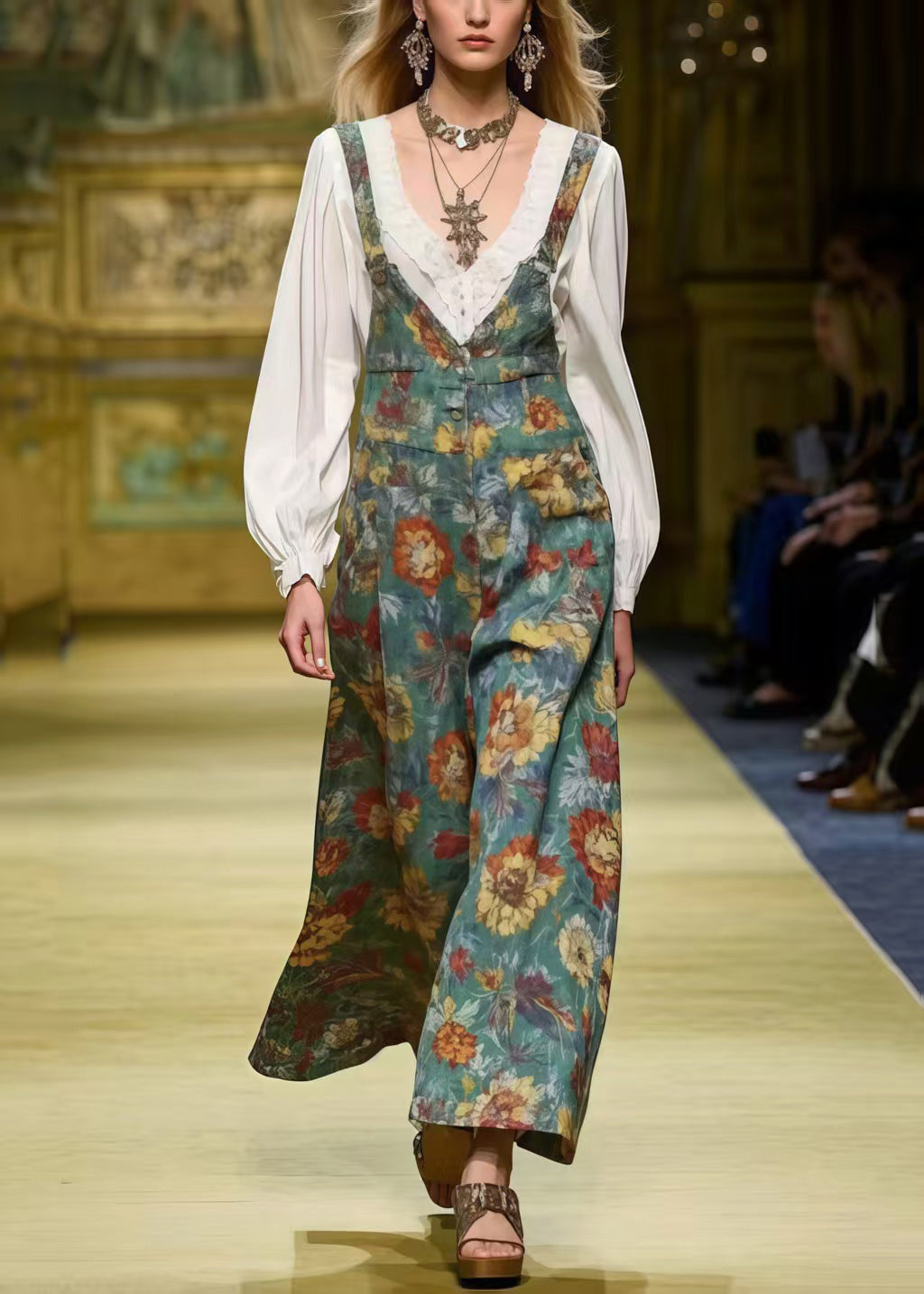 Unique Tea Green Oversized Floral Print Cotton Jumpsuit Spring