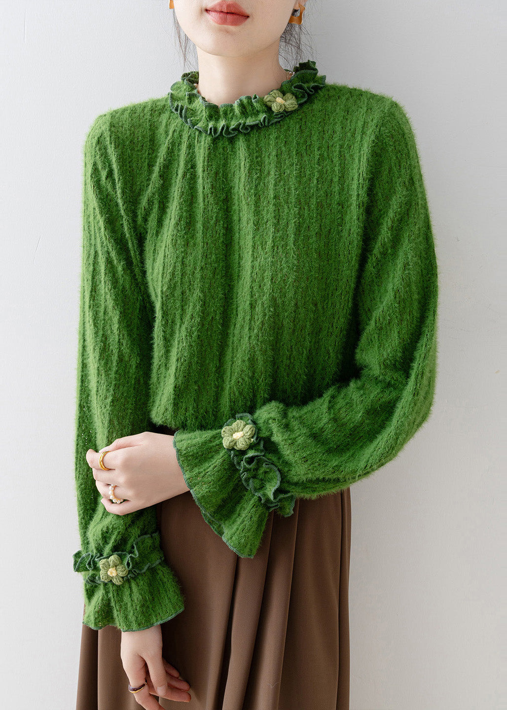 Unique Tea Green Ruffled Floral Knit Top Flare Sleeve