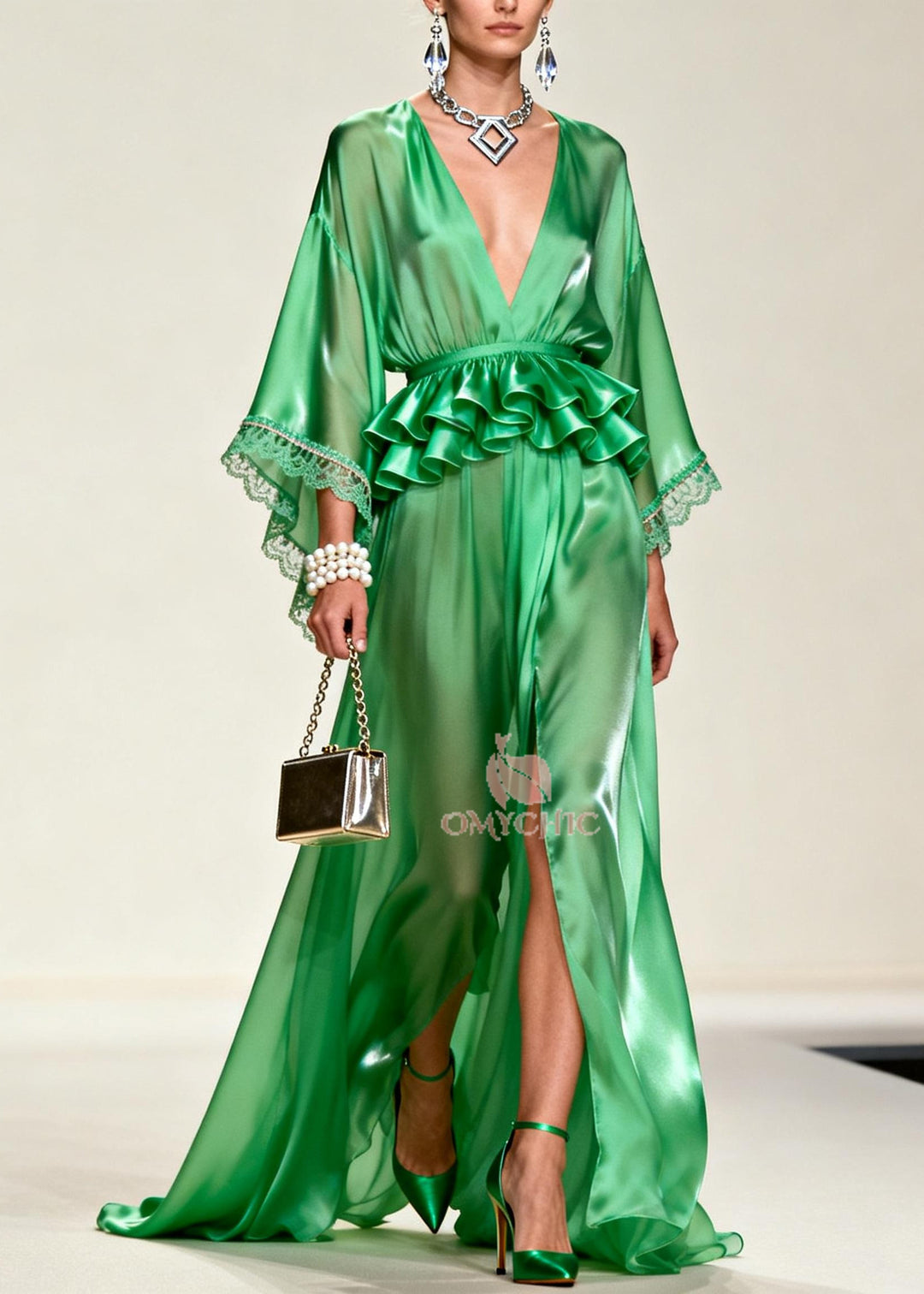 Unique Tea Green Ruffled Side Open Chiffon Party Dress Summer