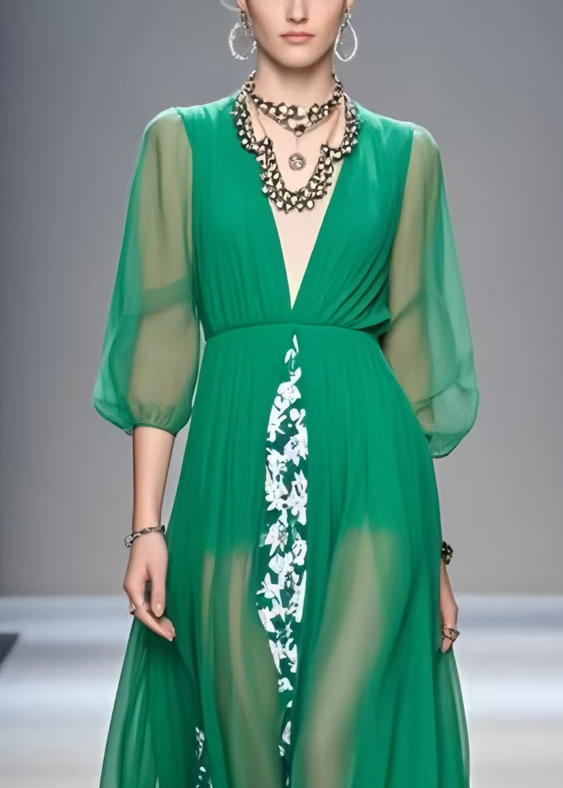 Unique Tea Green V Neck Patchwork Chiffon Dress Bracelet Sleeve