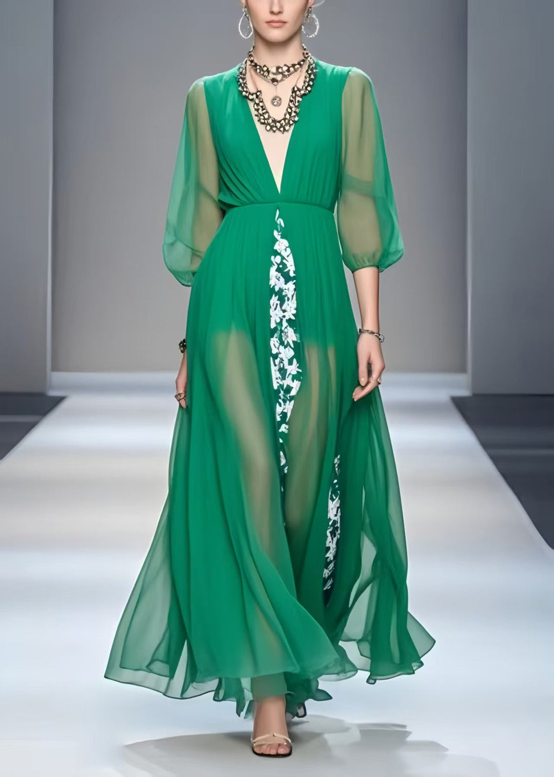Unique Tea Green V Neck Patchwork Chiffon Dress Bracelet Sleeve