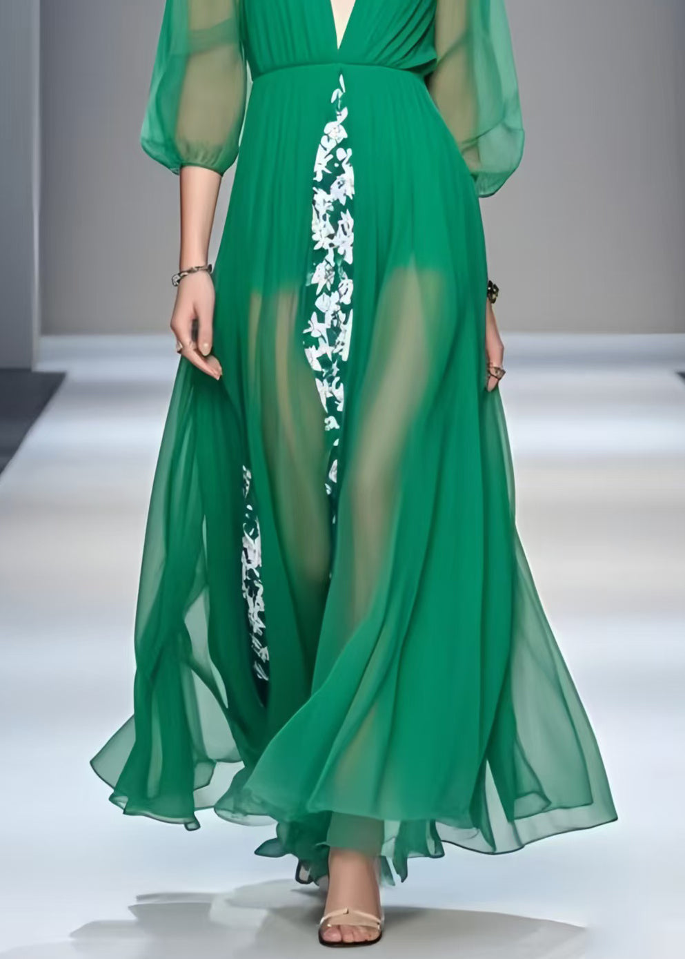 Unique Tea Green V Neck Patchwork Chiffon Dress Bracelet Sleeve