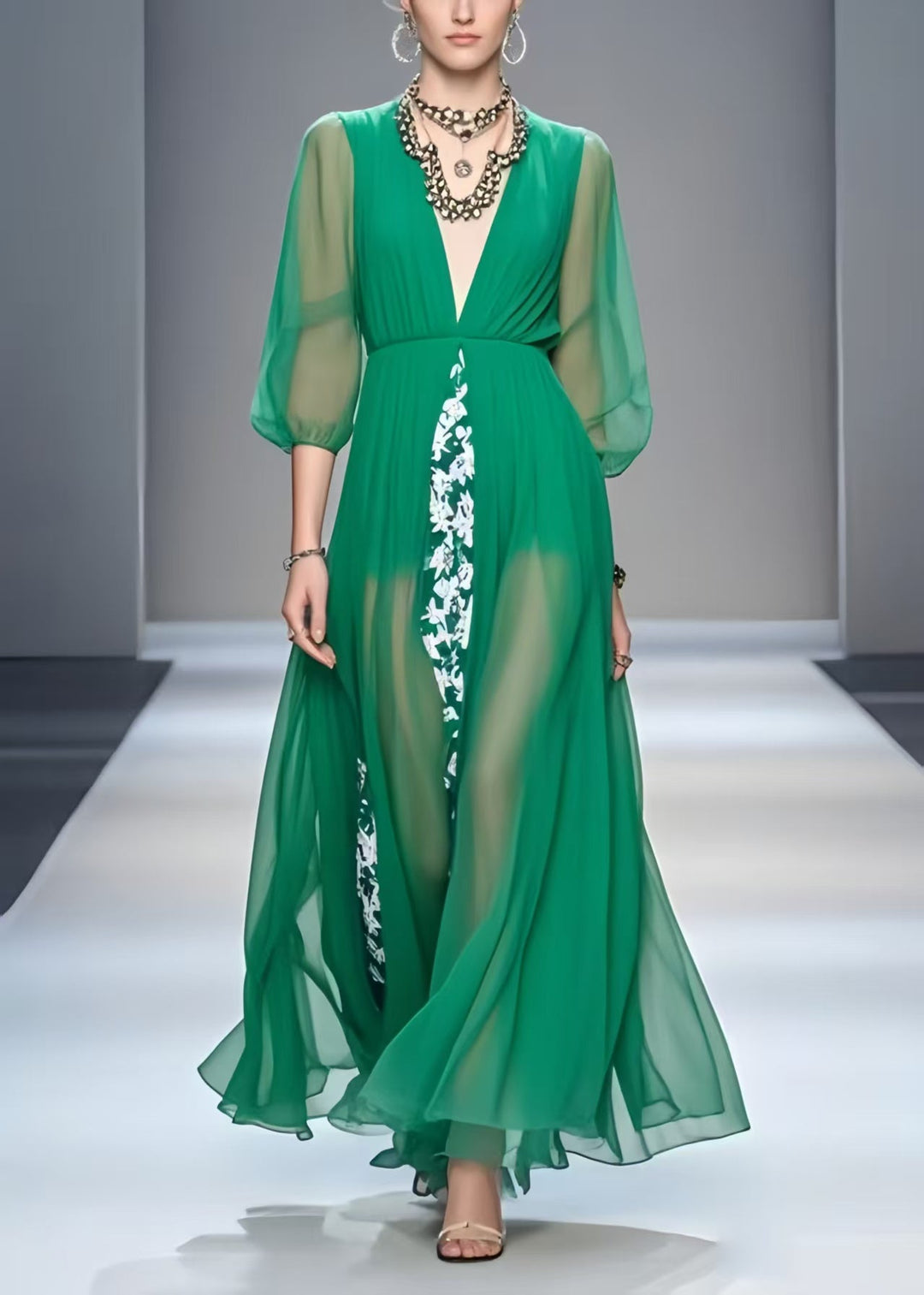 Unique Tea Green V Neck Patchwork Chiffon Dress Bracelet Sleeve
