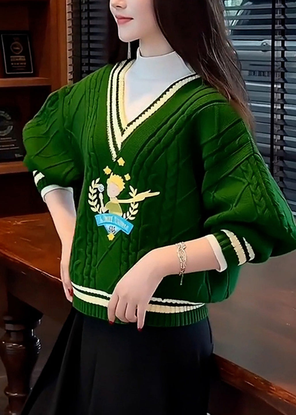 Unique Tea Green V Neck Thick Knit Sweater Winter