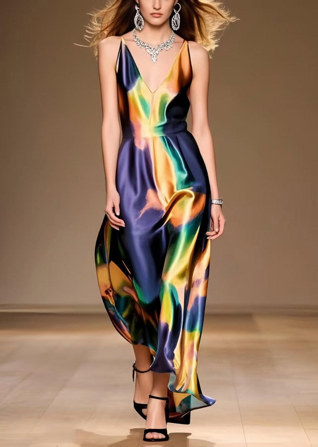 Unique Tie Dye Draping Silk Spaghetti Strap Dress Summer