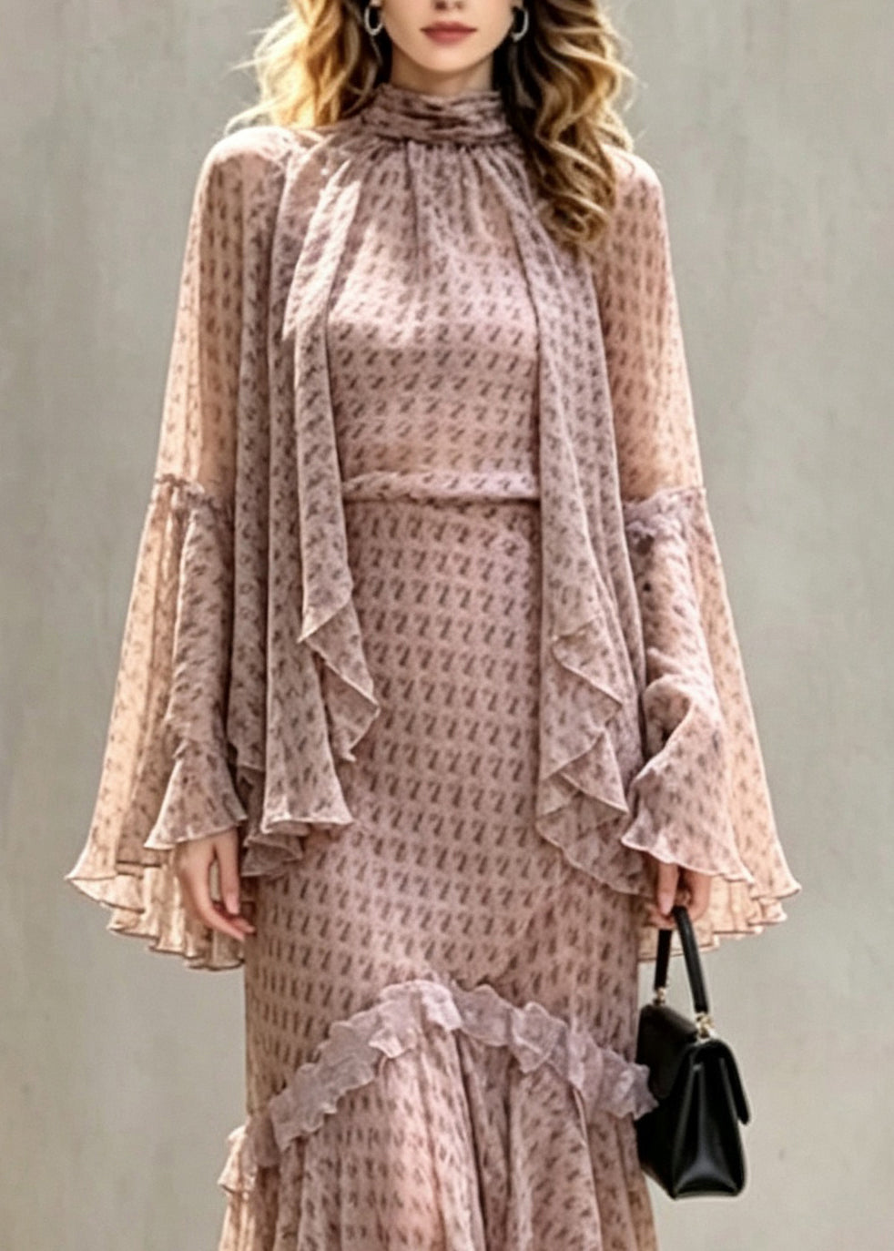 Unique Turtleneck Ruffled Patchwork Tops Maxi Skirts And Two Piece Set Fall