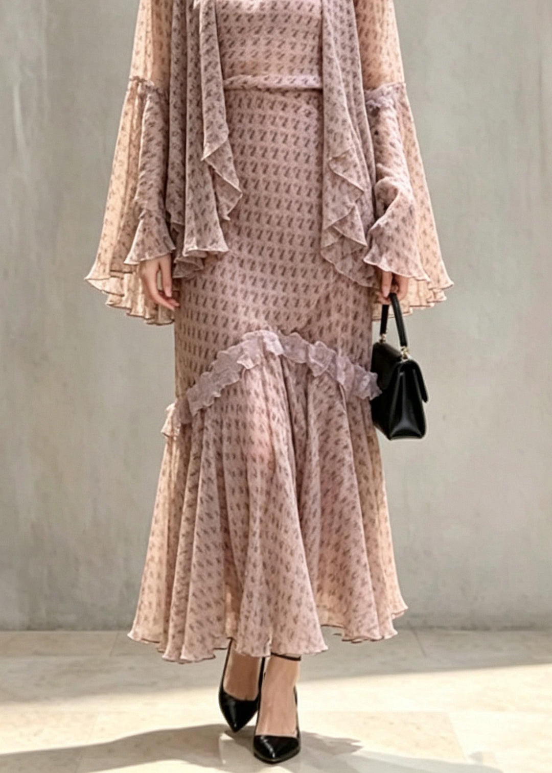 Unique Turtleneck Ruffled Patchwork Tops Maxi Skirts And Two Piece Set Fall